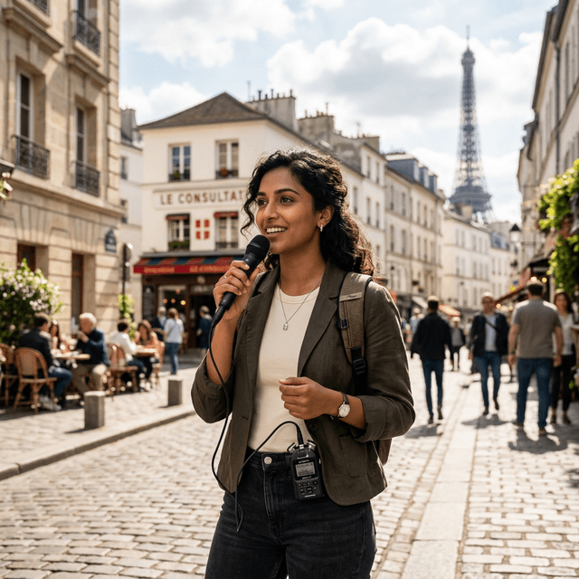 Creator recording audio on a sunny street